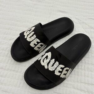 Alexander McQueen Black and White Logo Slide Sandals